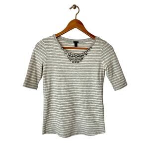 J. Crew Jeweled Gray And White Striped Tee Shirt Size XXS